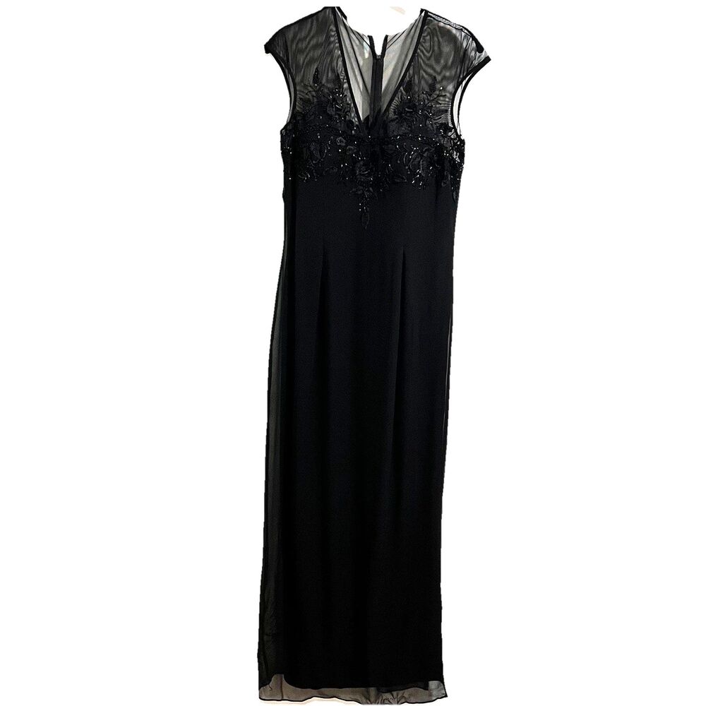 JS Boutique Silk Gown Dress Size 8 Black Lace Bodice Embroidered Evening Party